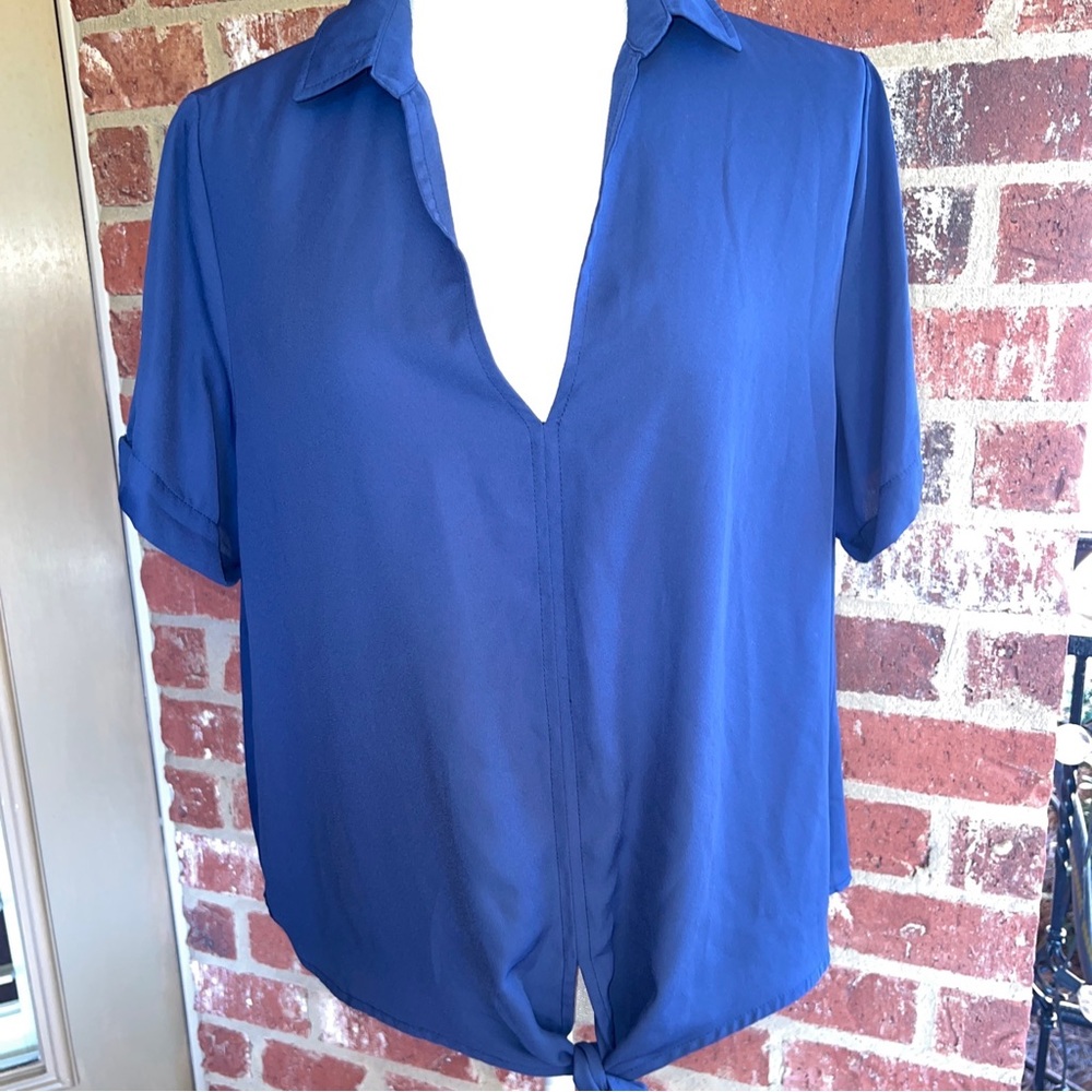 Shinestar Womens Short Sleeve Tie-Up Waist Blouse V-Neck Navy Hi-Lo Top Sz XL